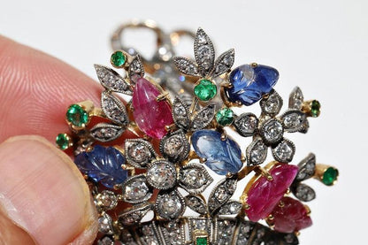 Antique Flower basket moissanite Diamond Ruby Sapphire Emerald Brooch