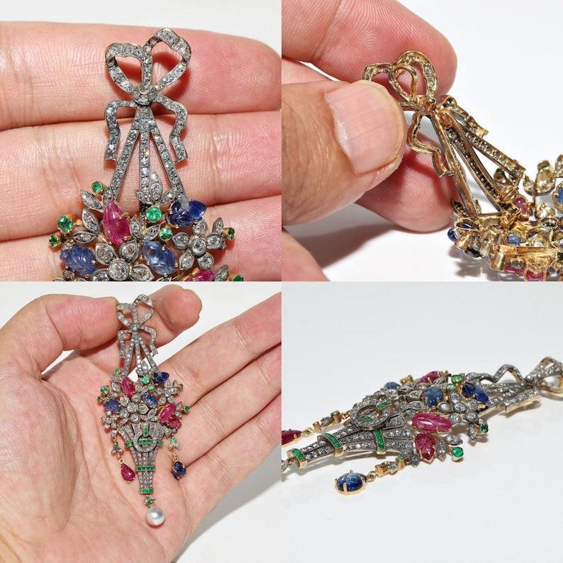 Antique Flower basket moissanite Diamond Ruby Sapphire Emerald Brooch