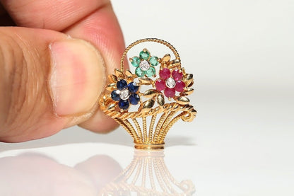 Vintage Gold Natural Diamond And Emerald And Sapphire Pretty Brooch