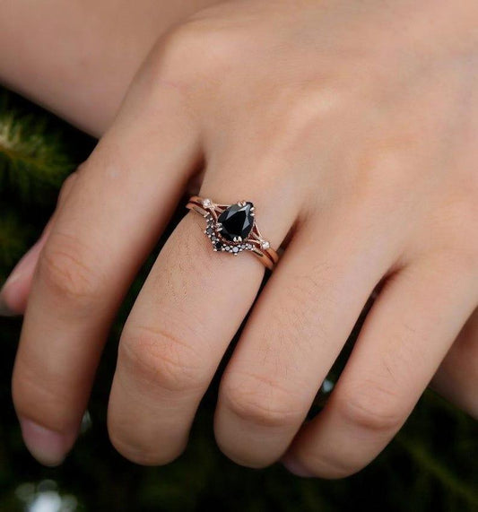 Black Onyx Engagement Ring Set Pear Cut Solid 14K Gold Engagement Ring Cluster Ring