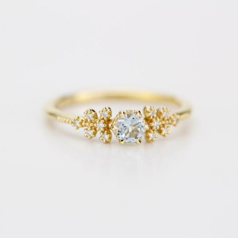 Round aquamarine and diamond ring, vintage style aquamarine ring