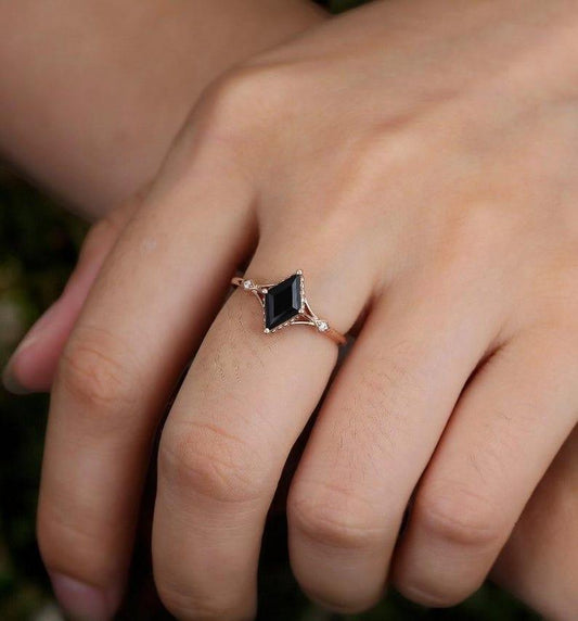 Kite Cut Black Onyx Engagement Ring Art Deco Ring Rose Gold Diamond Ring Wedding Bridal Ring