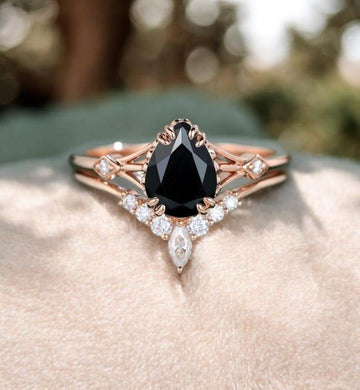 Pear Black Onyx Engagement Ring Set Vintage Rose Gold Engagement Ring