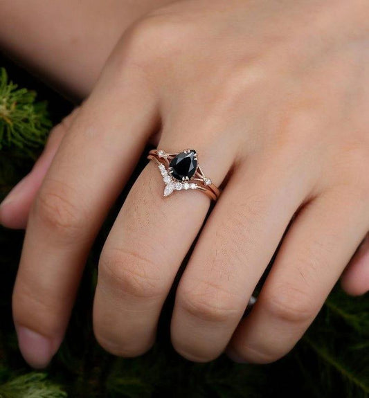 Pear Black Onyx Engagement Ring Set Vintage Rose Gold Engagement Ring