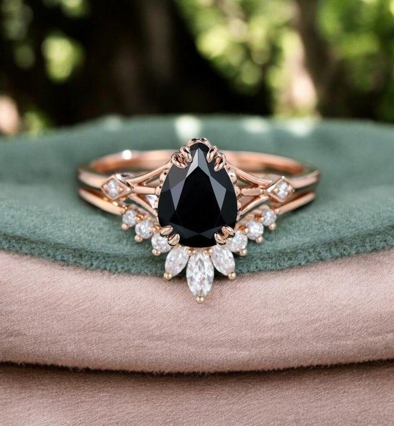 Pear Shaped Black Onyx Engagement Ring Set 14k Rose Gold Ring Art Deco Stacking Band Bridal Set