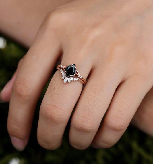 Pear Shaped Black Onyx Engagement Ring Set 14k Rose Gold Ring Art Deco Stacking Band Bridal Set