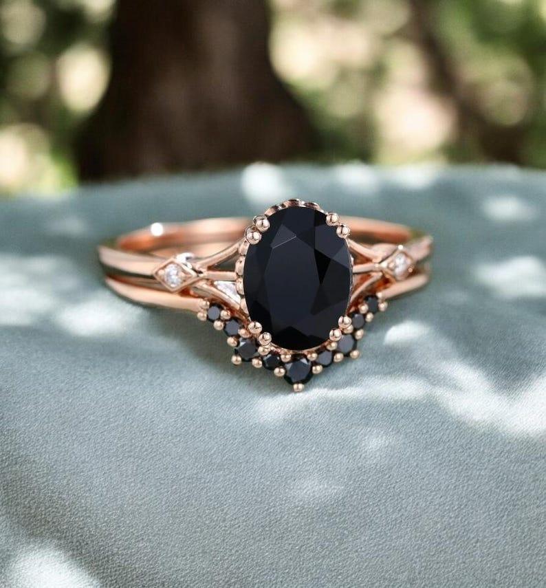 Oval Black Onyx Engagement Ring Set Vintage Rose Gold Engagement Ring Bridal Ring Set