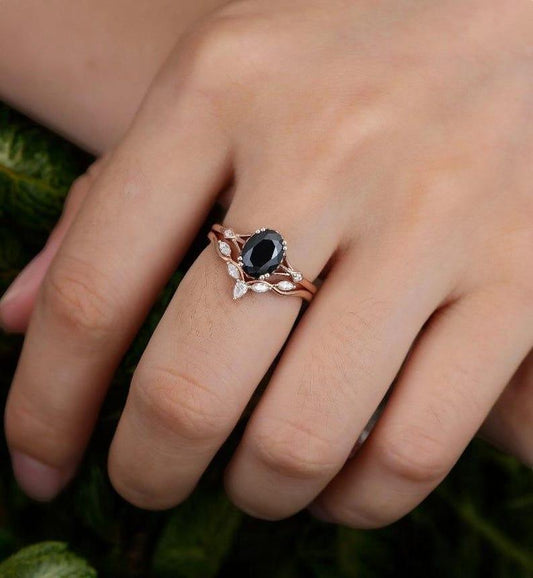 Oval Black Onyx Engagement Ring Set Vintage Moissanite Ring Set Solid Gold Rose Gold Ring