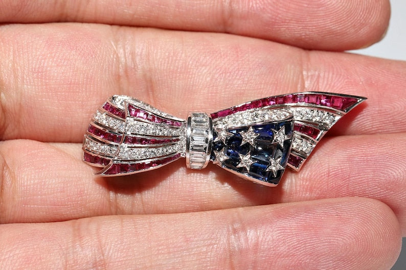 Vintage Platinum Natural Diamond And Ruby And Sapphire USA Flag Brooch