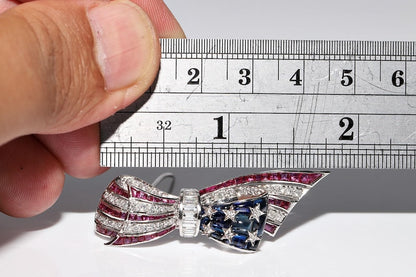 Vintage Platinum Natural Diamond And Ruby And Sapphire USA Flag Brooch