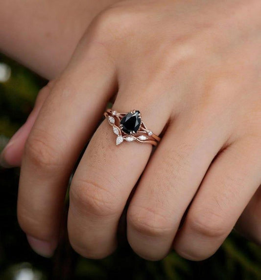 Pear Black Onyx engagement ring set Vintage moissanite ring set