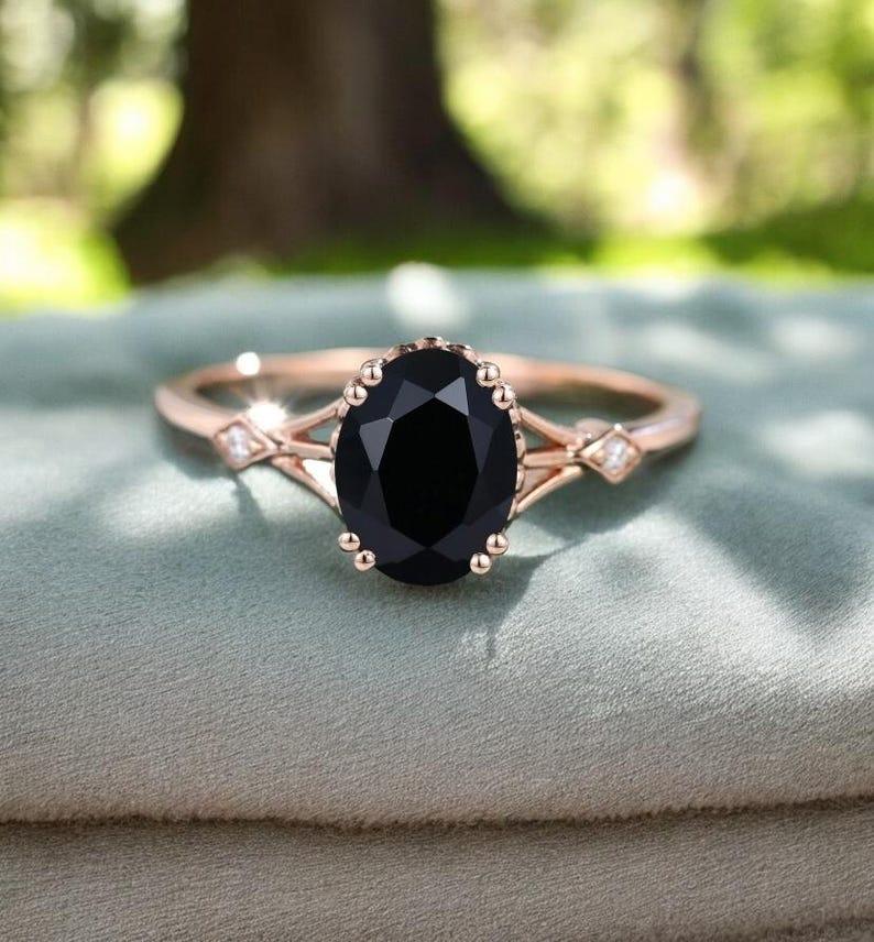 Oval black onyx ring diamond wedding ring Unique black onyx engagement ring