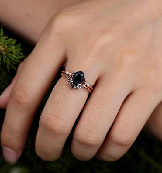 Oval Black Onyx Engagement Ring Set Vintage Rose Gold Engagement Ring Bridal Ring Set