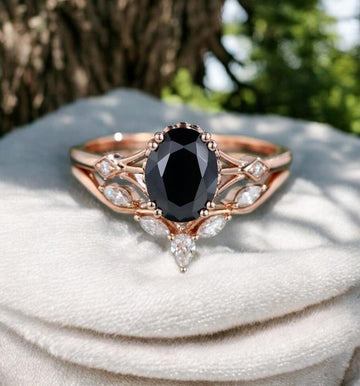 Oval Black Onyx Engagement Ring Set Vintage Moissanite Ring Set Solid Gold Rose Gold Ring