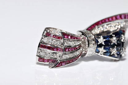 Vintage Platinum Natural Diamond And Ruby And Sapphire USA Flag Brooch