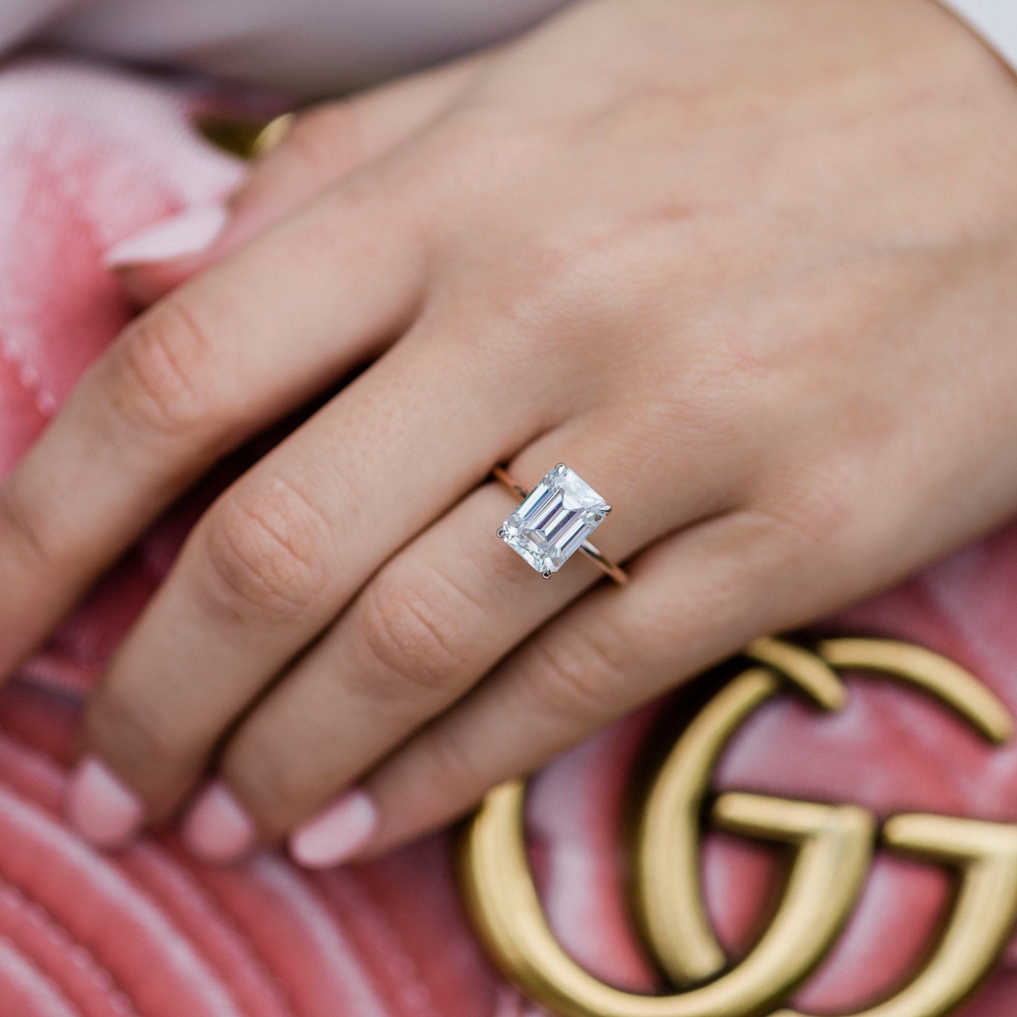 3.50 CT Emerald Cut Moissanite Solitaire & Hidden Halo Engagement Ring