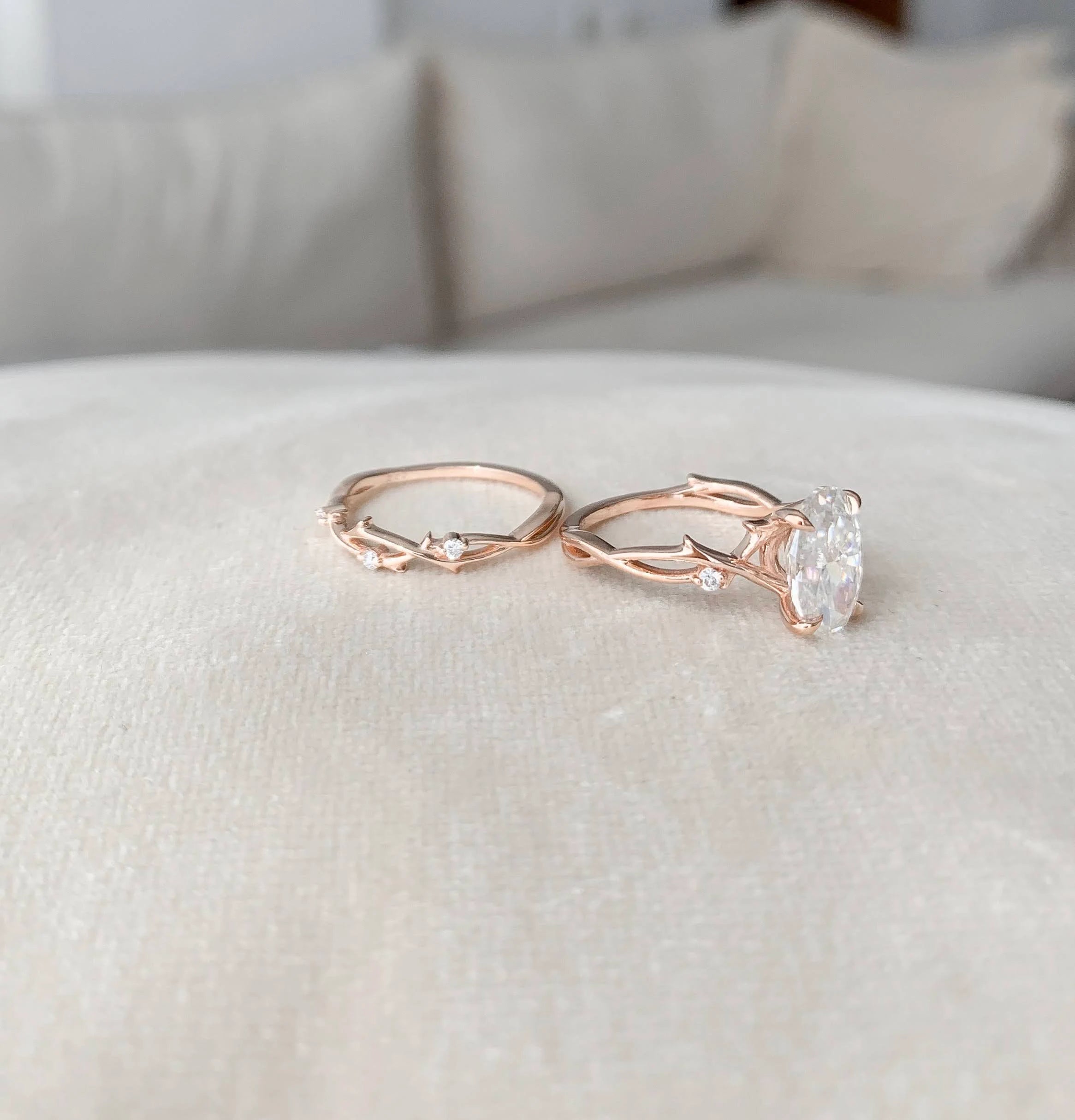 2.0CT Oval Cut Moissanite Twig Style Bridal Ring Set