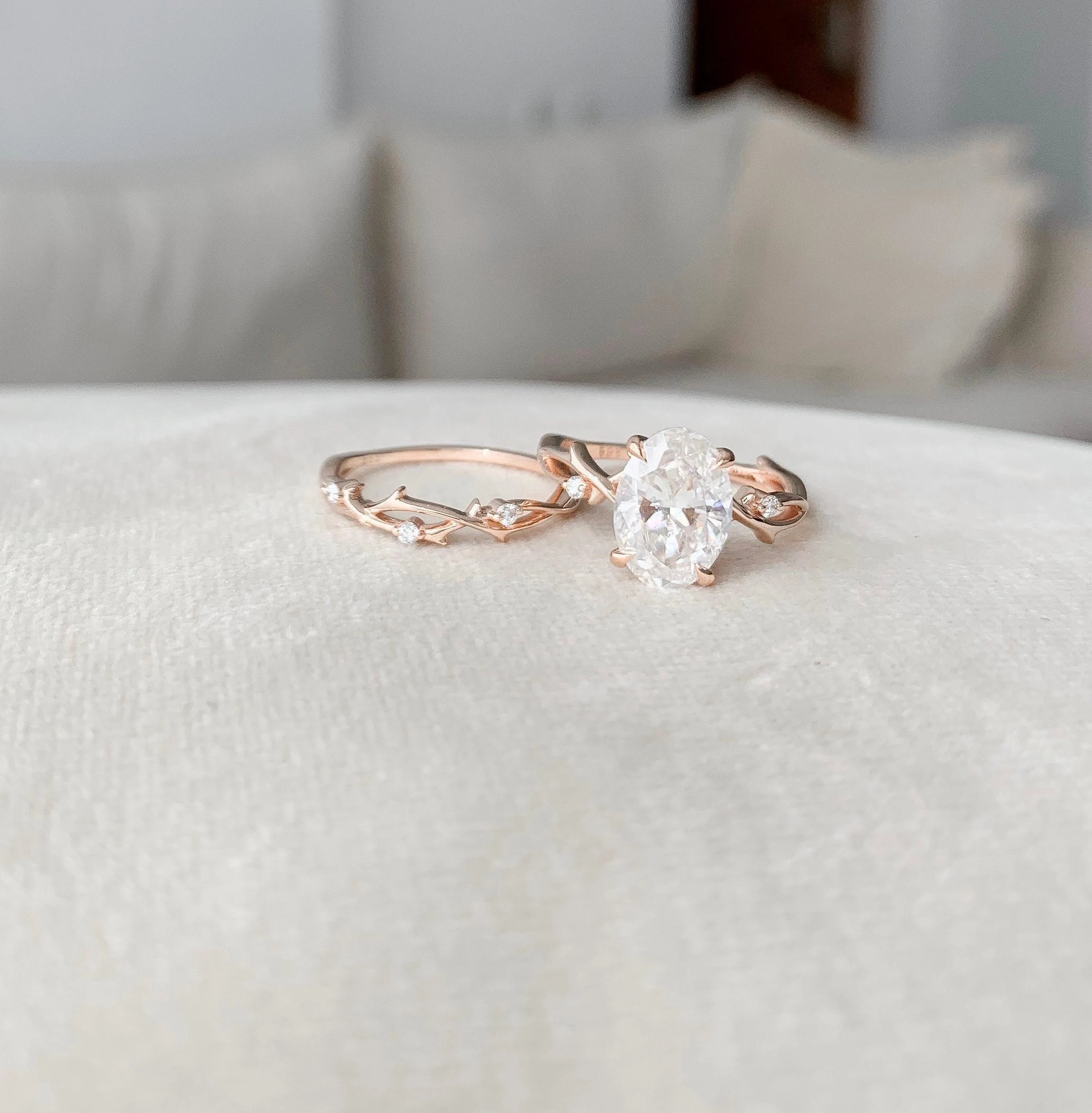 2.0CT Oval Cut Moissanite Twig Style Bridal Ring Set
