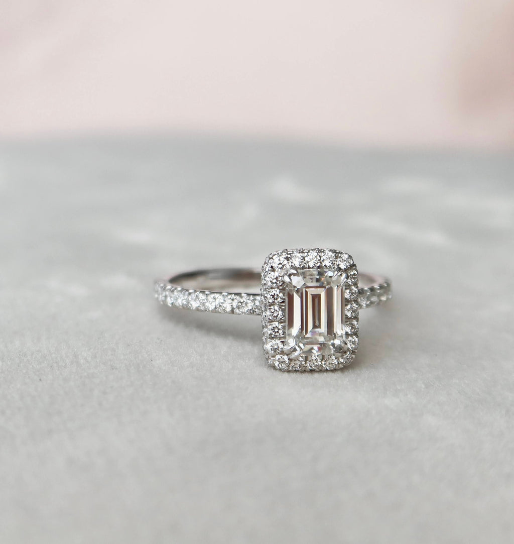 1.0 CT Emerald Cut Unique Halo Moissanite Engagement Ring