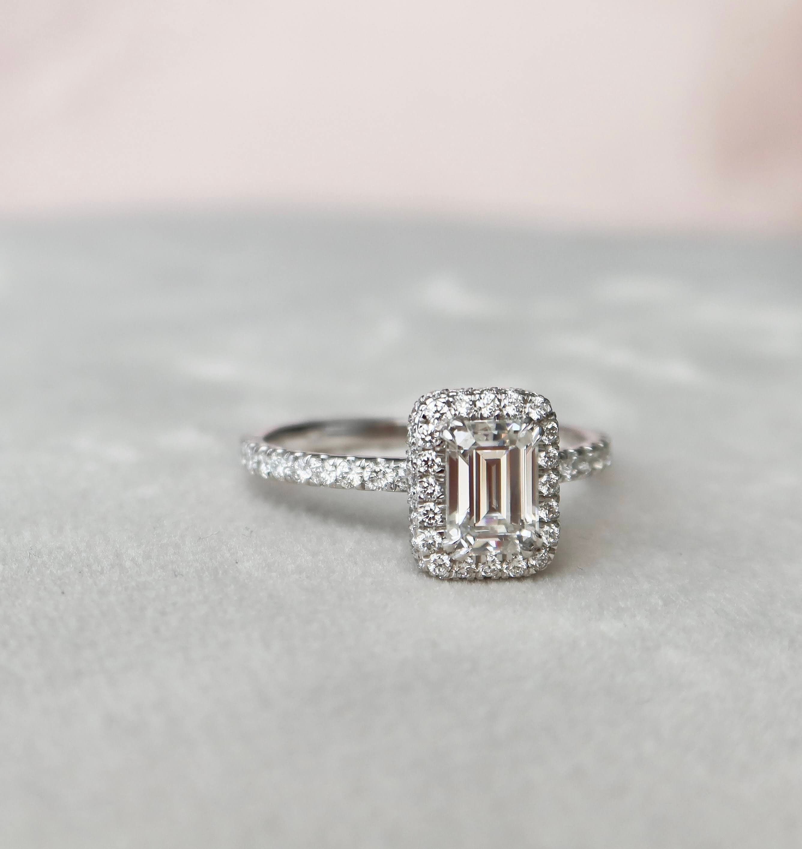 1.0 CT Emerald Cut Unique Halo Moissanite Engagement Ring