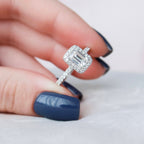 1.0 CT Emerald Cut Unique Halo Moissanite Engagement Ring
