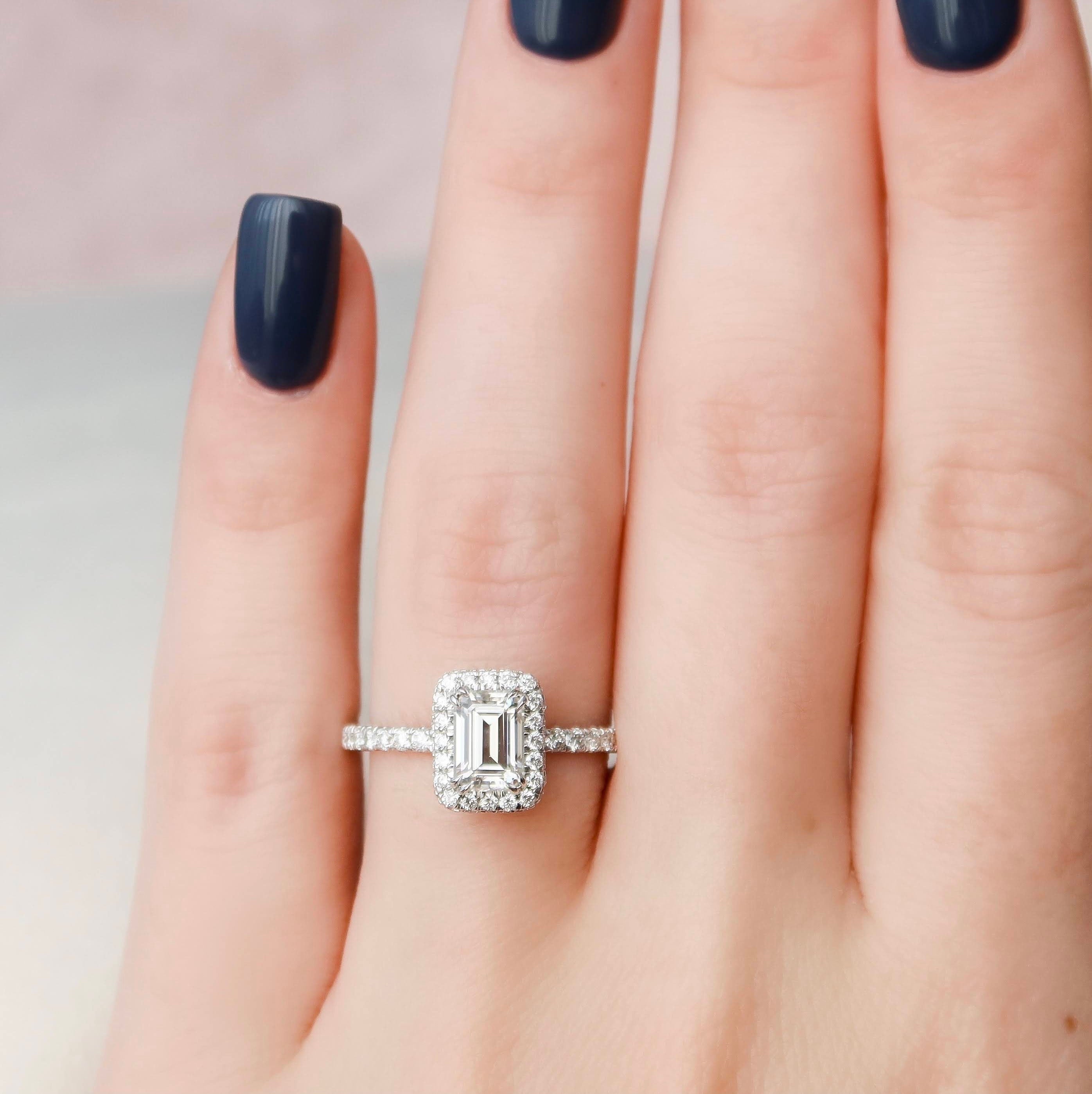 1.0 CT Emerald Cut Unique Halo Moissanite Engagement Ring