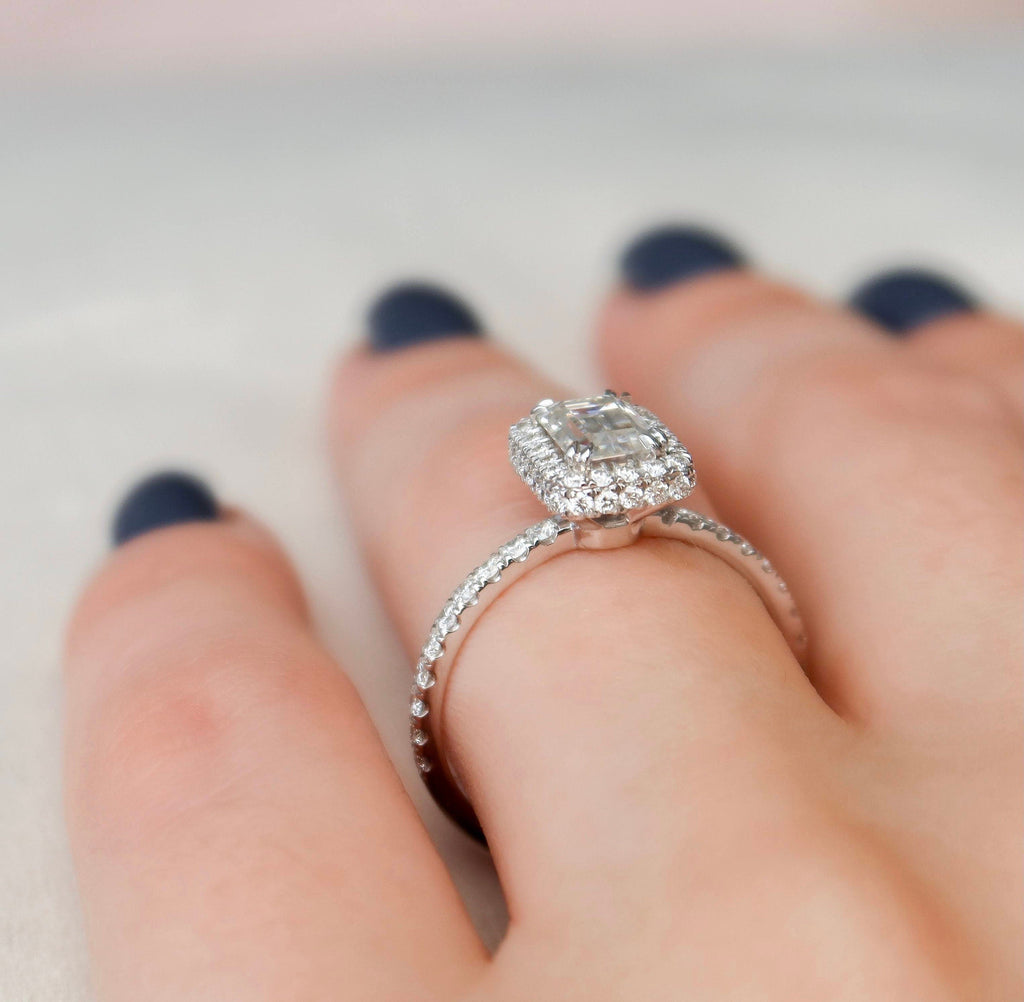 1.0 CT Emerald Cut Unique Halo Moissanite Engagement Ring