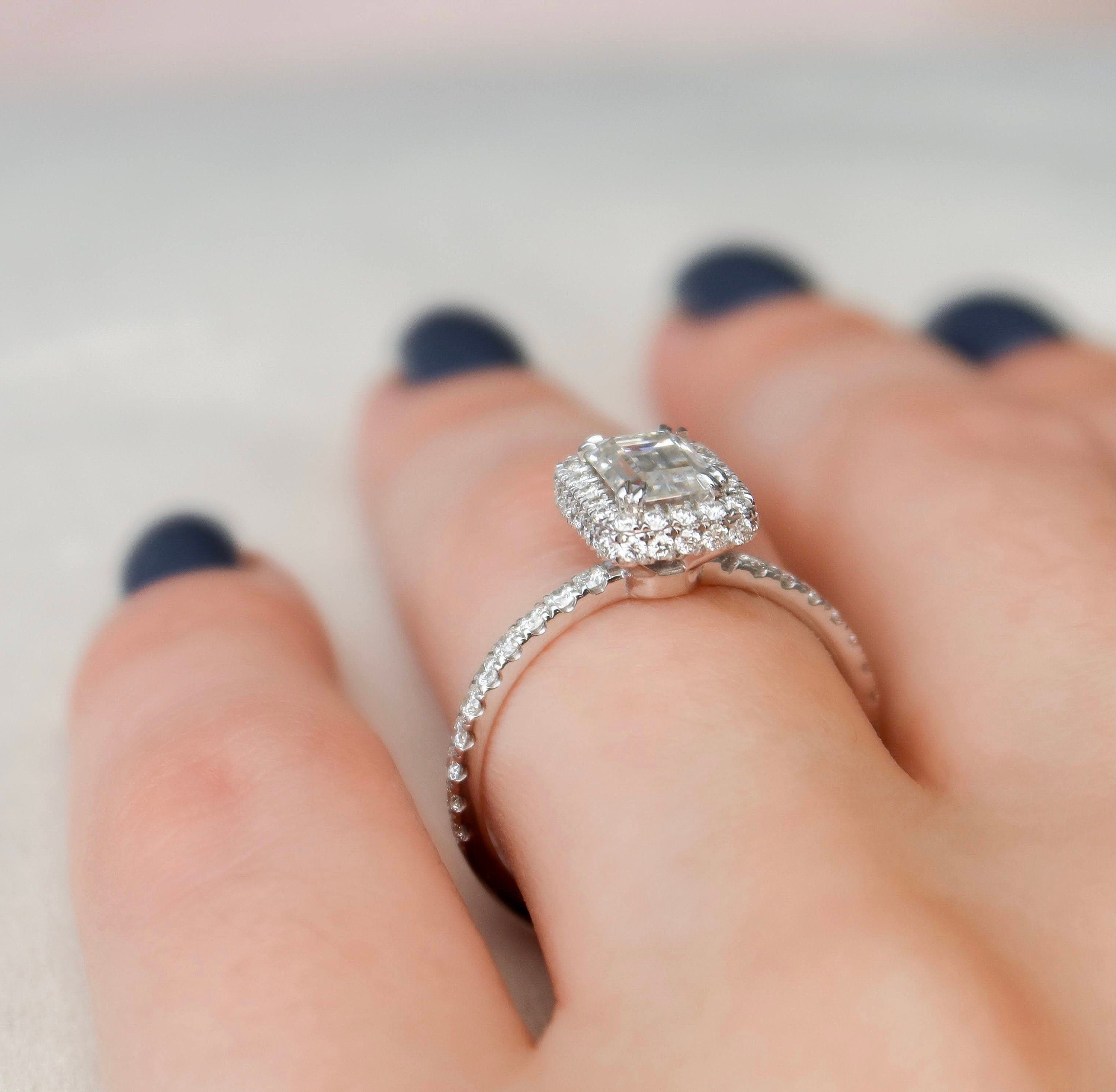 1.0 CT Emerald Cut Unique Halo Moissanite Engagement Ring