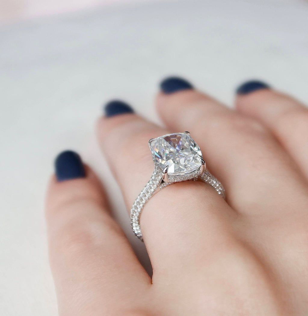 6.0 CT Elongated Cushion Moissanite Hidden Halo Setting Engagement Ring