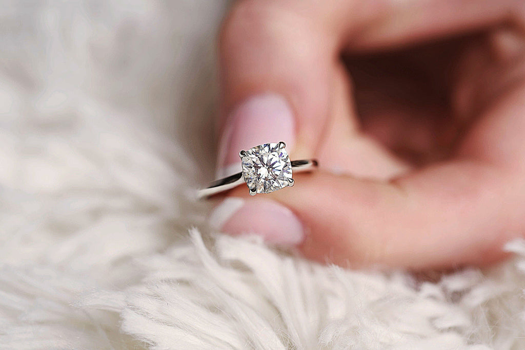 2.0CT Cushion Moissanite Solitaire Engagement Ring With Hidden Halo Setting