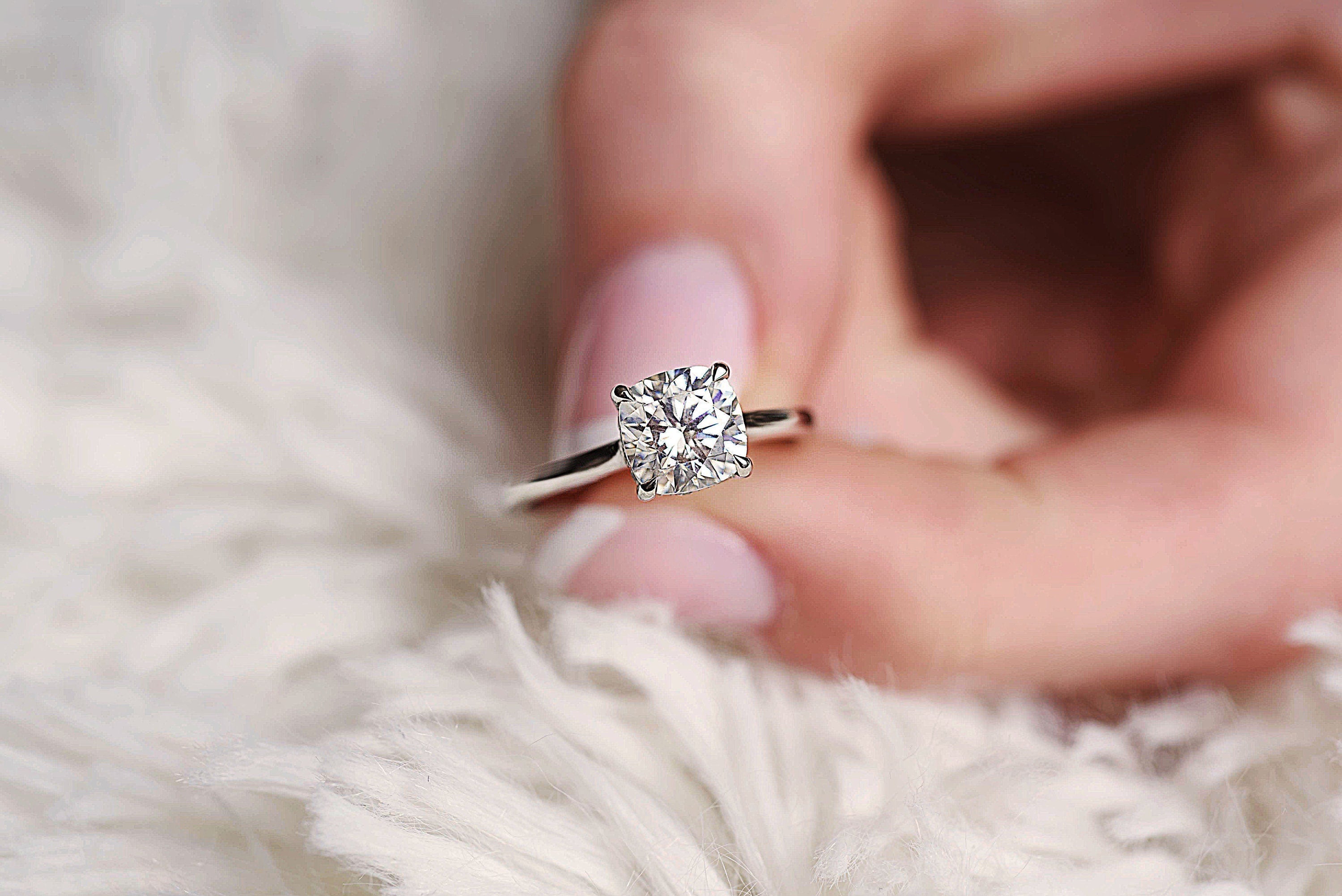 2.0CT Cushion Moissanite Solitaire Engagement Ring With Hidden Halo Setting