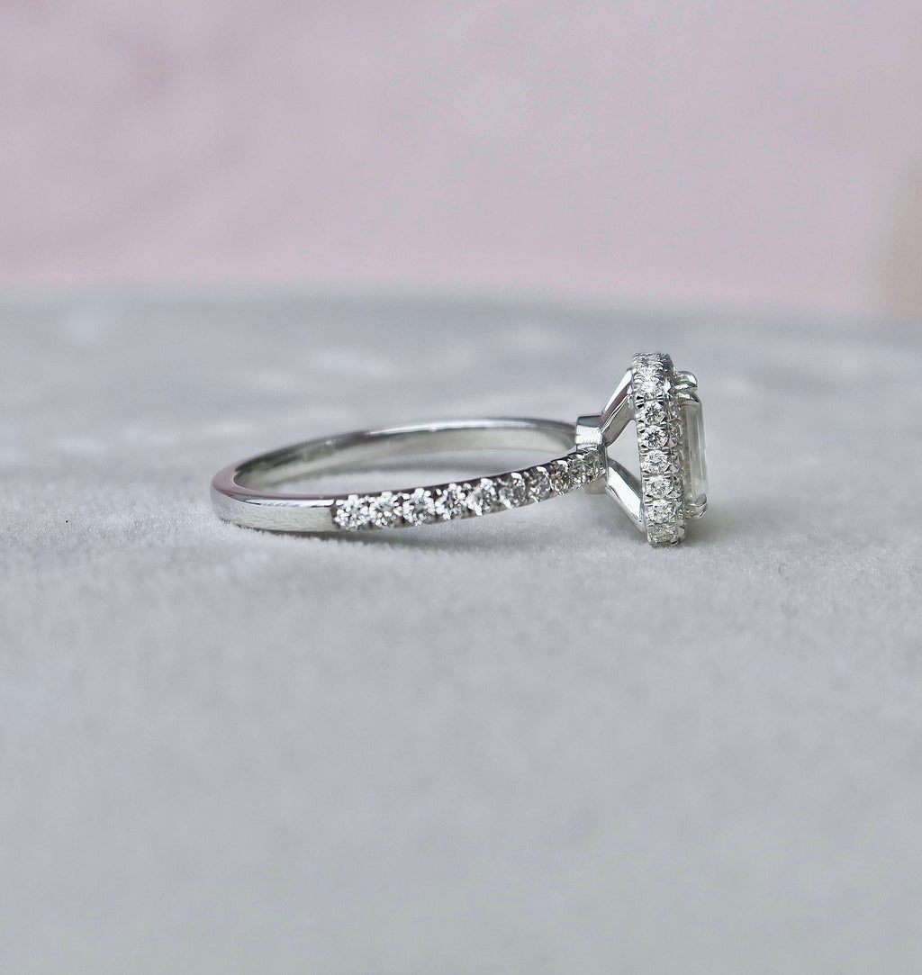 1.0 CT Emerald Cut Unique Halo Moissanite Engagement Ring