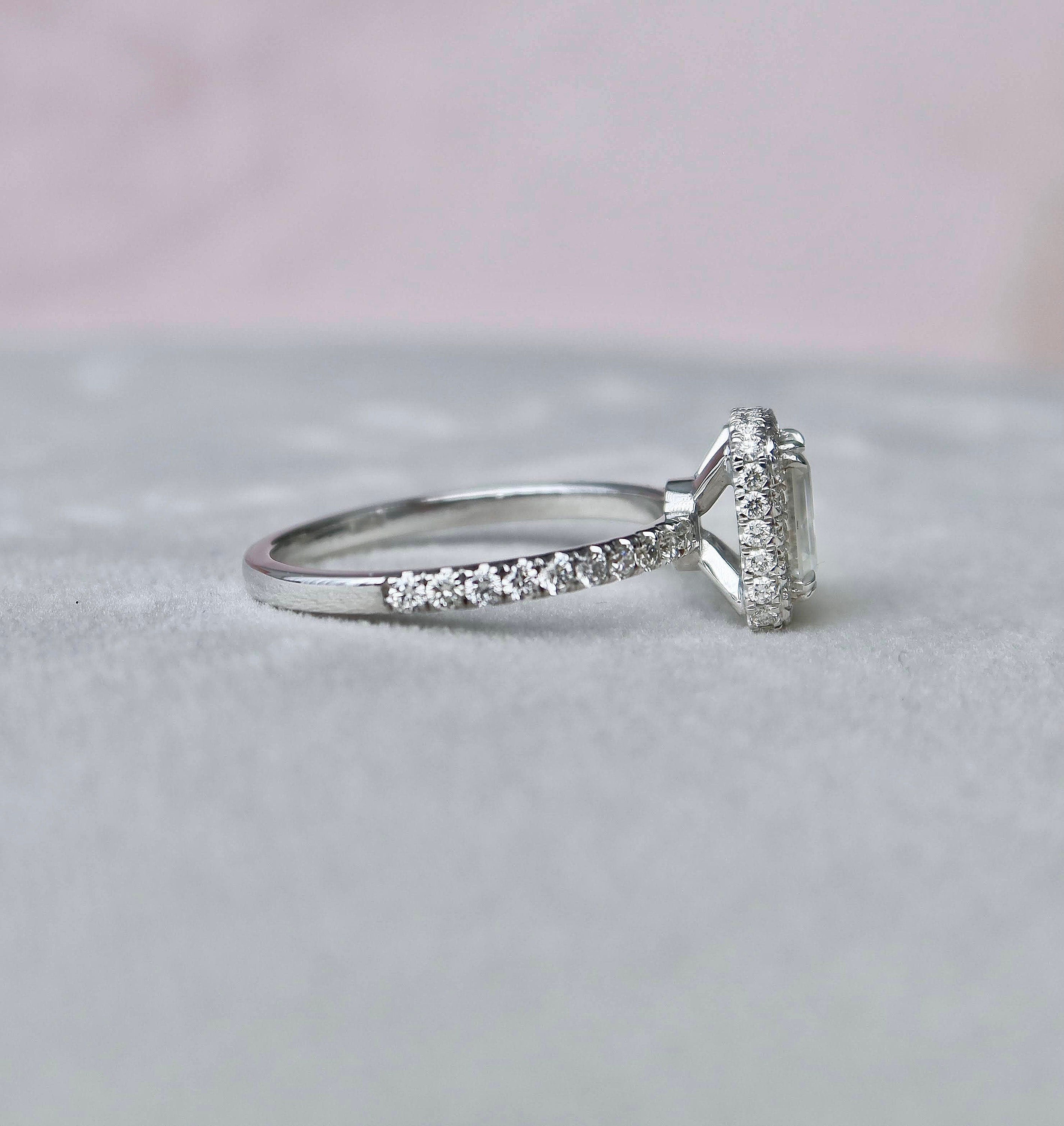 1.0 CT Emerald Cut Unique Halo Moissanite Engagement Ring