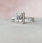 1.0 CT Emerald Cut Unique Halo Moissanite Engagement Ring