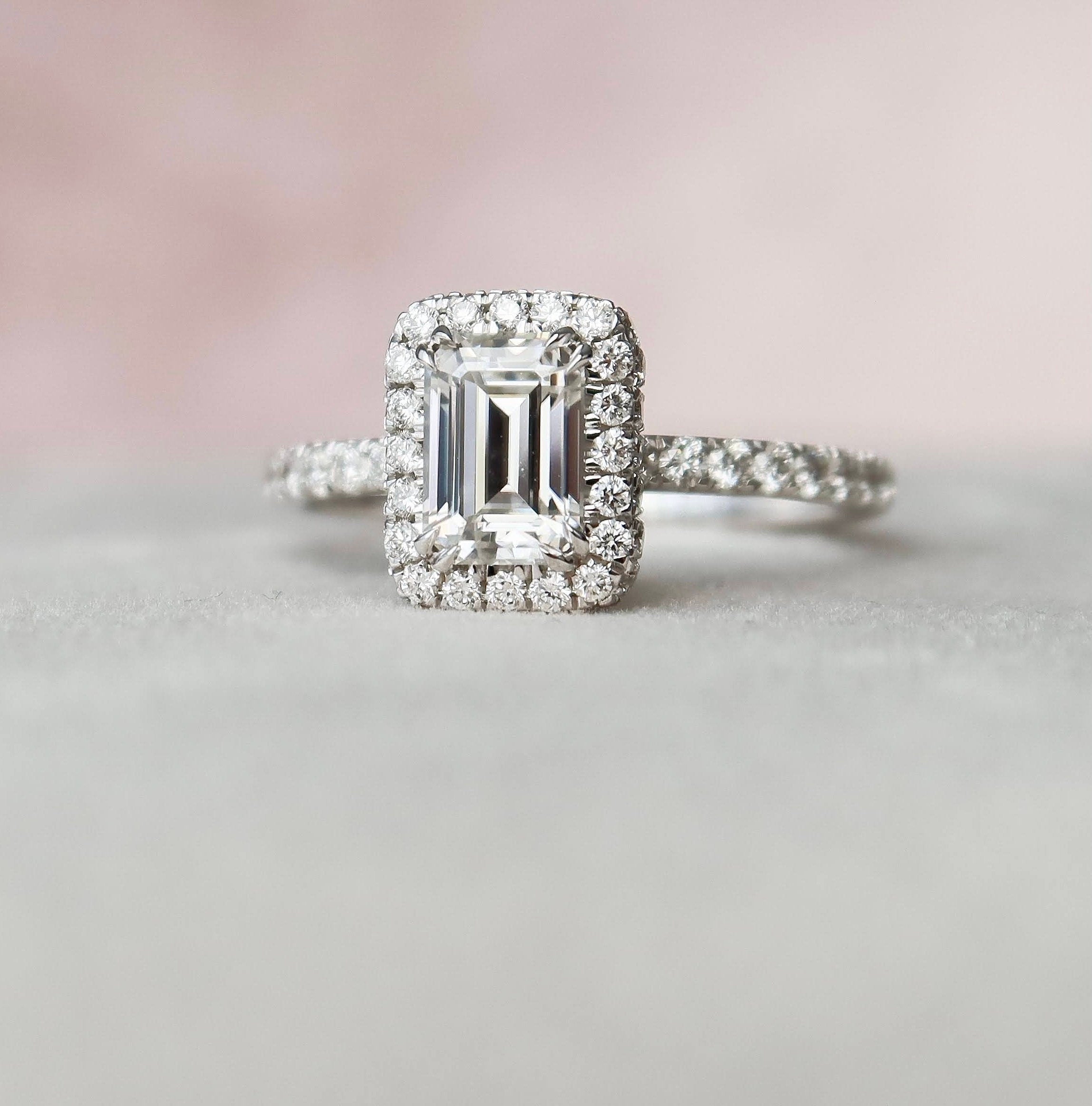 1.0 CT Emerald Cut Unique Halo Moissanite Engagement Ring