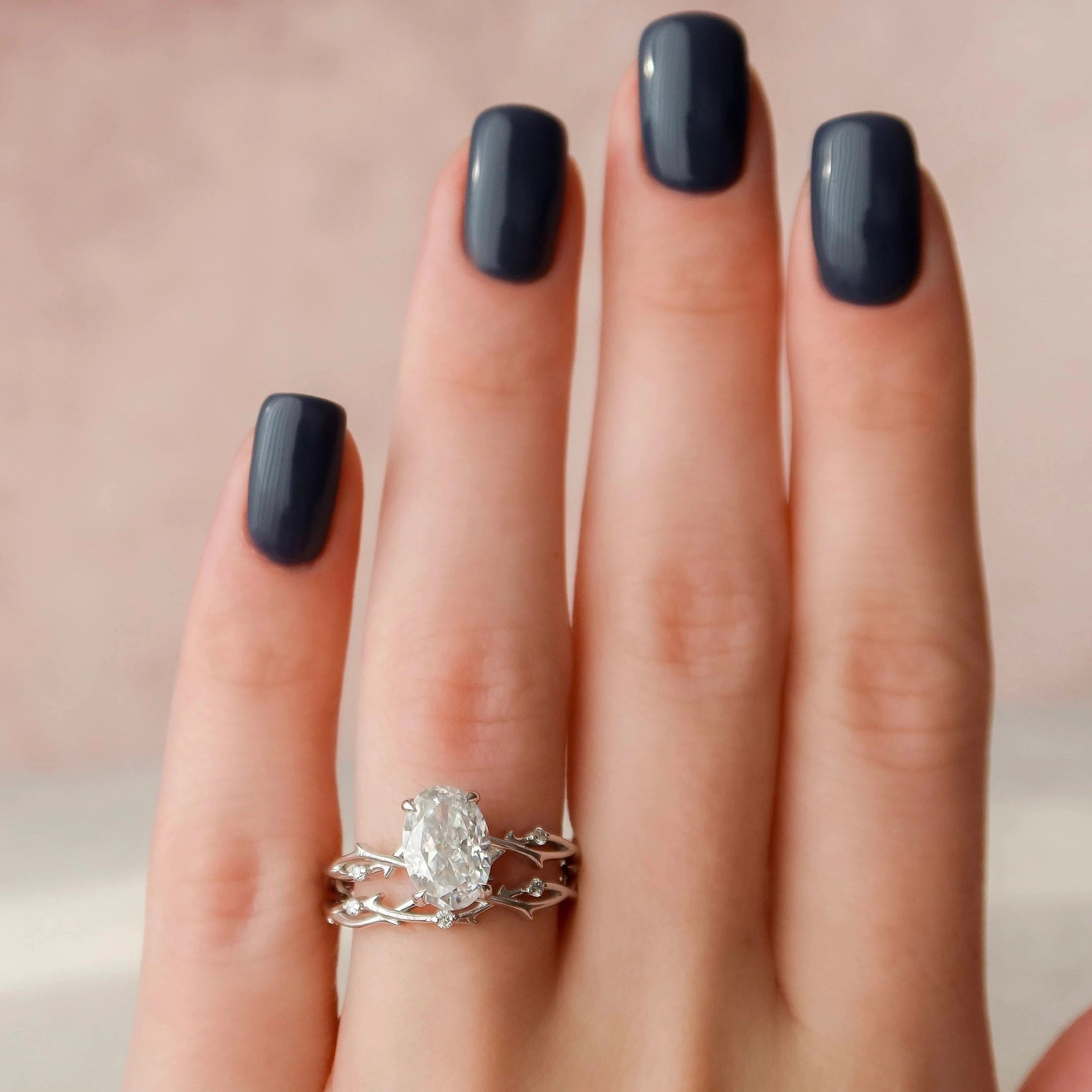 2.0CT Oval Cut Moissanite Twig Style Bridal Ring Set