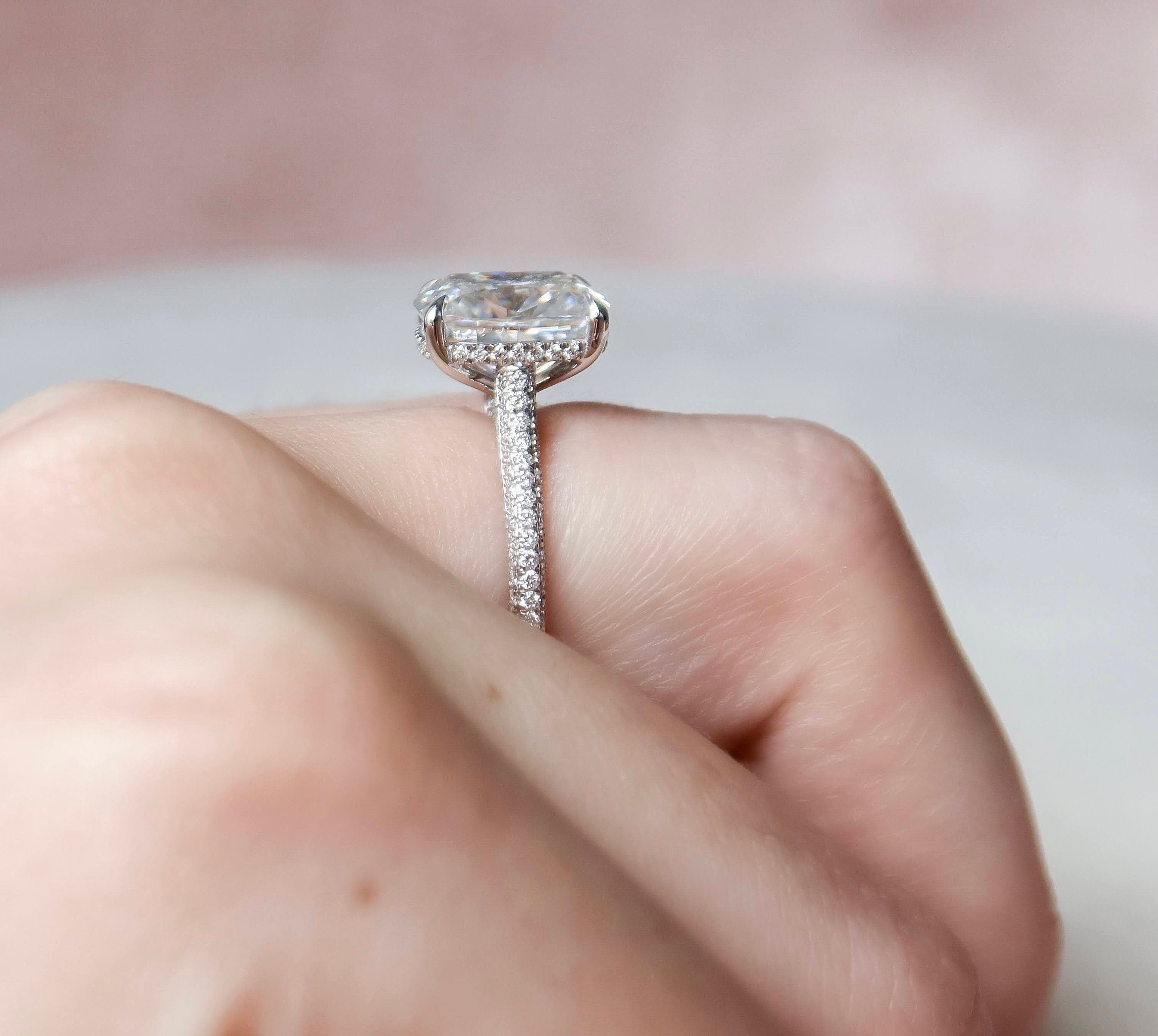 6.0 CT Elongated Cushion Moissanite Hidden Halo Setting Engagement Ring
