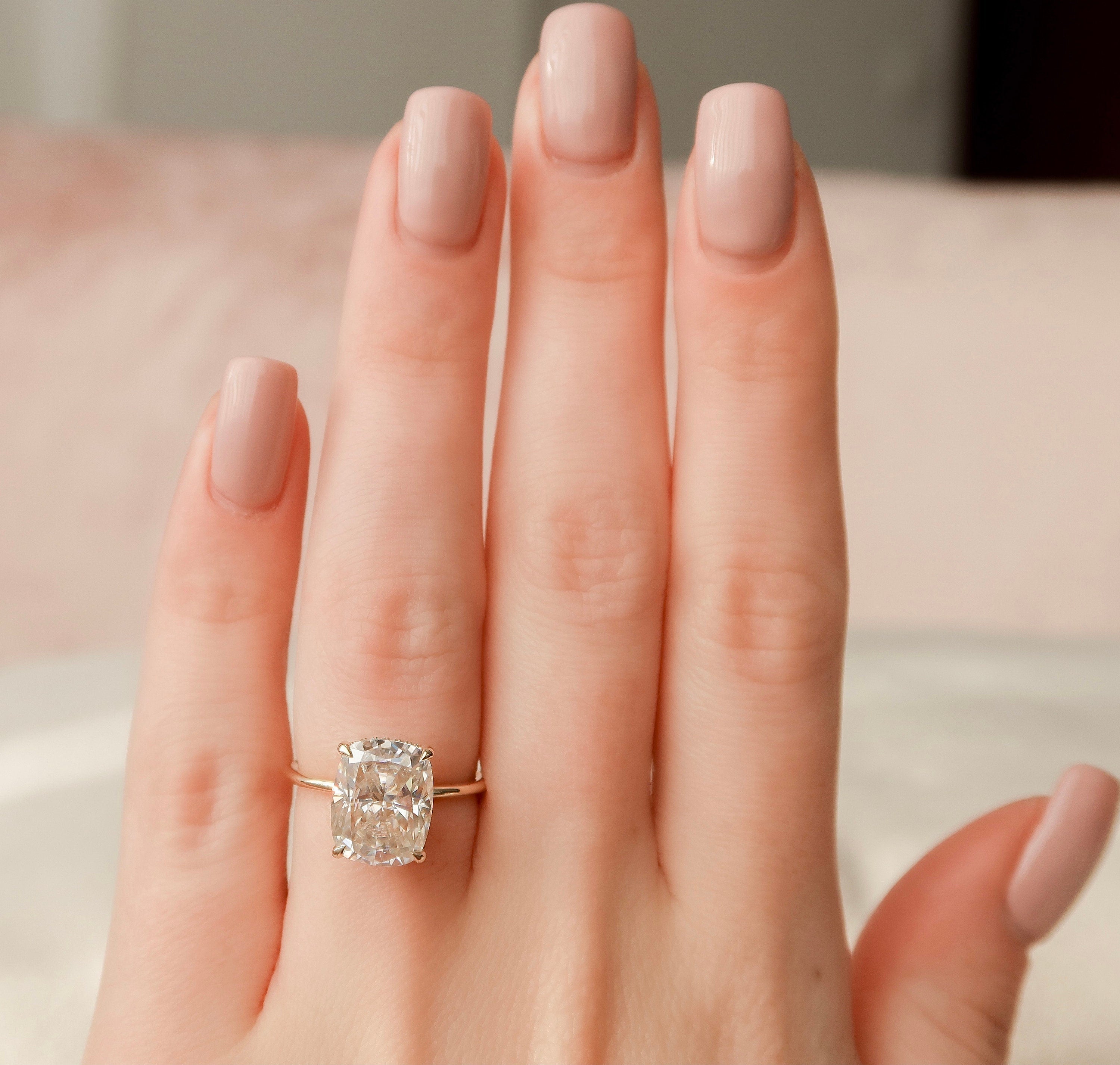 6.0 CT Elongated Cushion Moissanite Hidden Halo Engagement Ring