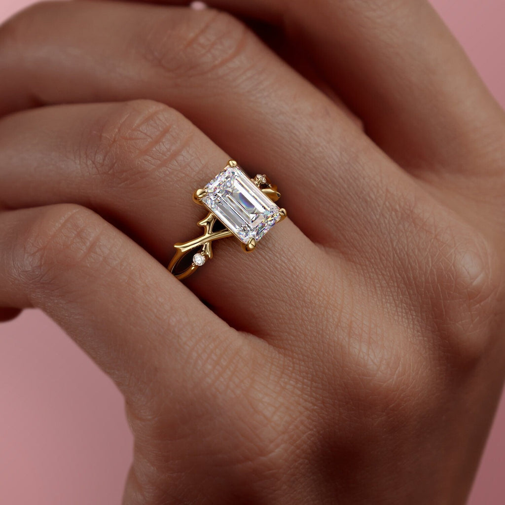 2.0CT Emerald Cut Moissanite Nature Inspired Style Engagement Ring