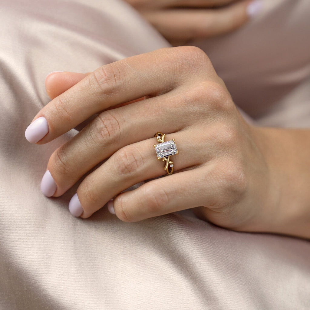 2.0CT Emerald Cut Moissanite Nature Inspired Style Engagement Ring