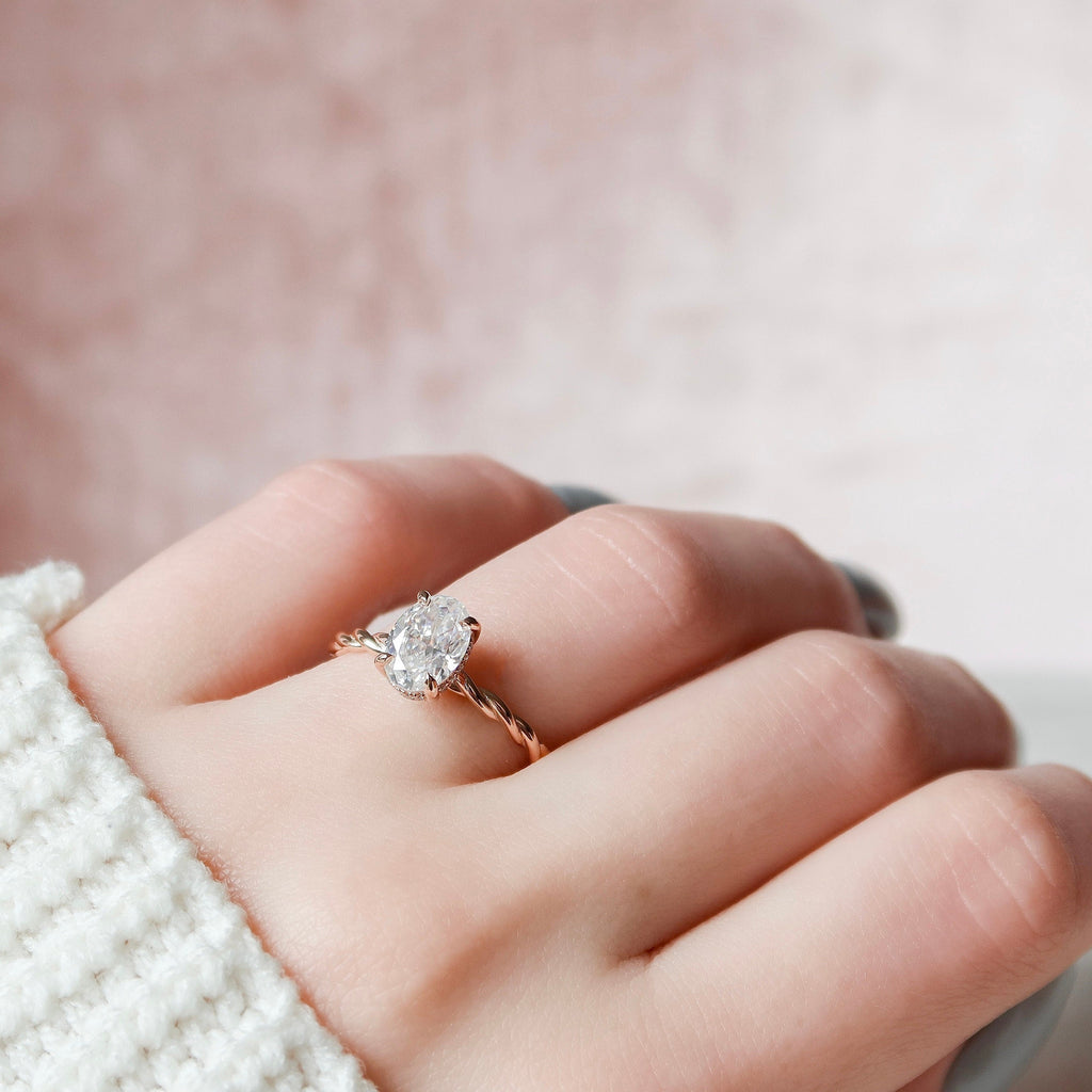 1.50 CT Oval Hidden Halo Twisted Band Moissanite Engagement Ring