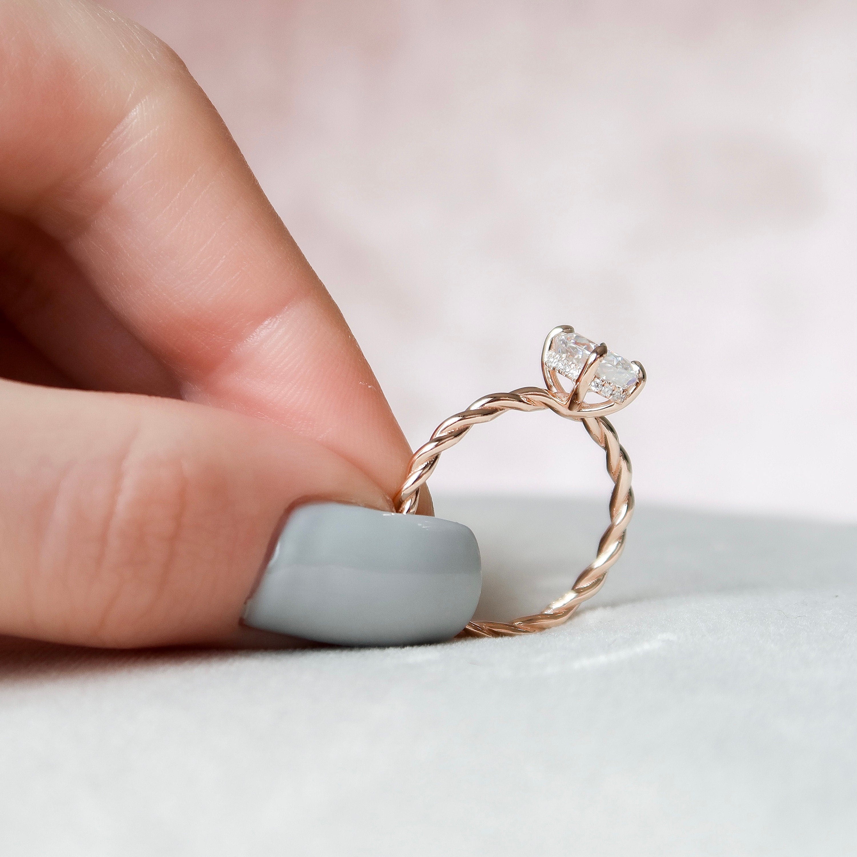 1.50 CT Oval Hidden Halo Twisted Band Moissanite Engagement Ring
