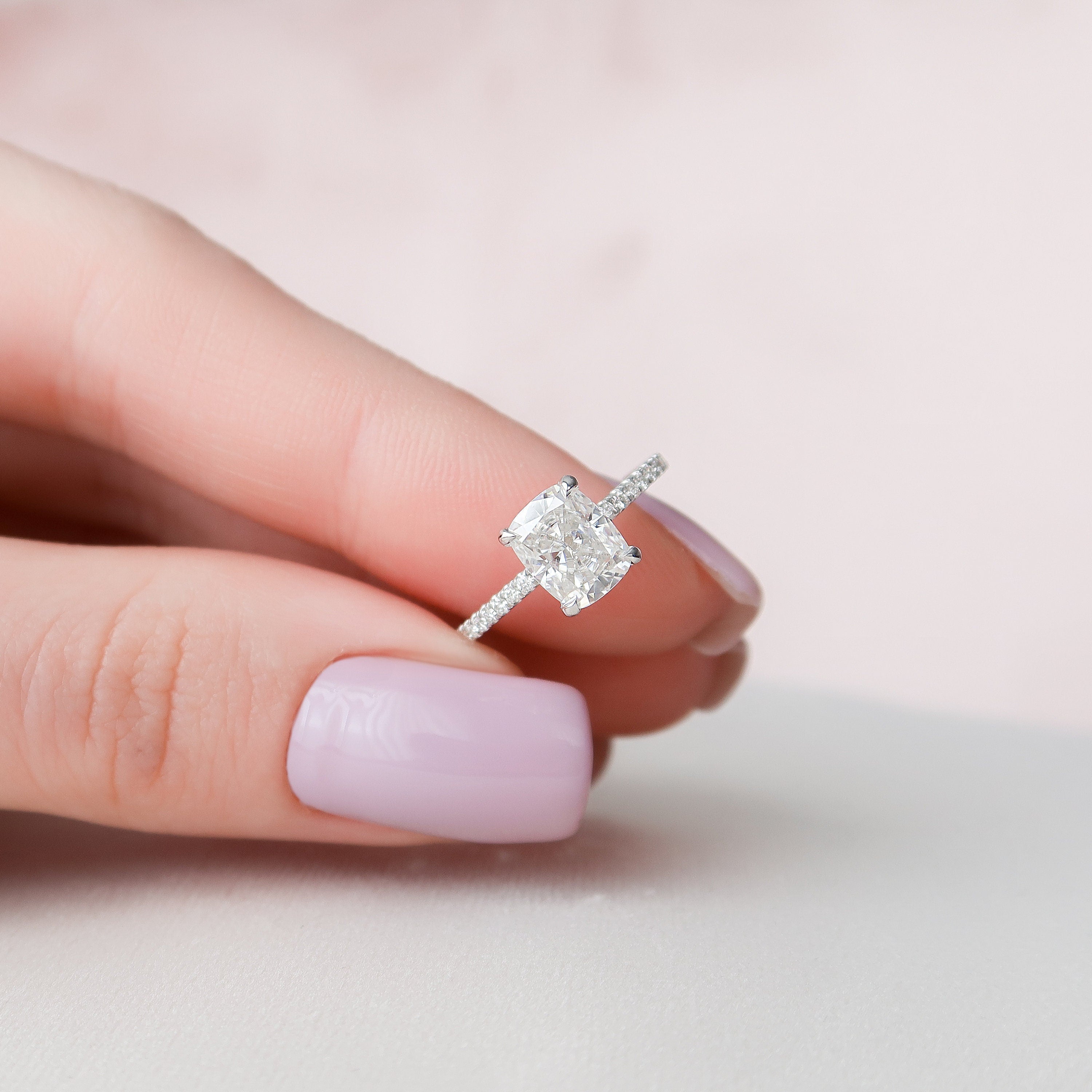 1.50 CT Cushion Cut Pave Moissanite Engagement Ring