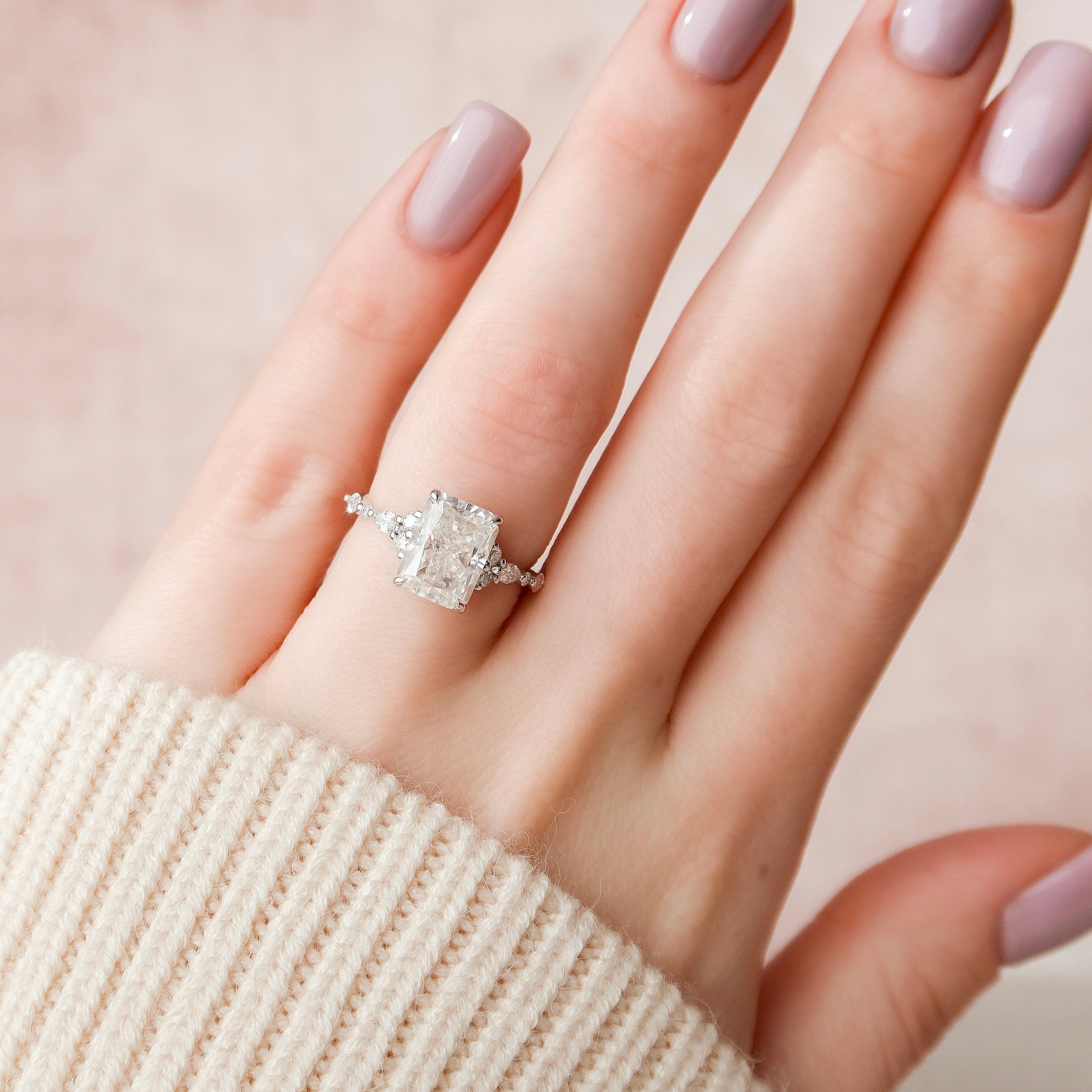 3.50 CT Radiant Cut Moissanite Cluster Engagement Ring