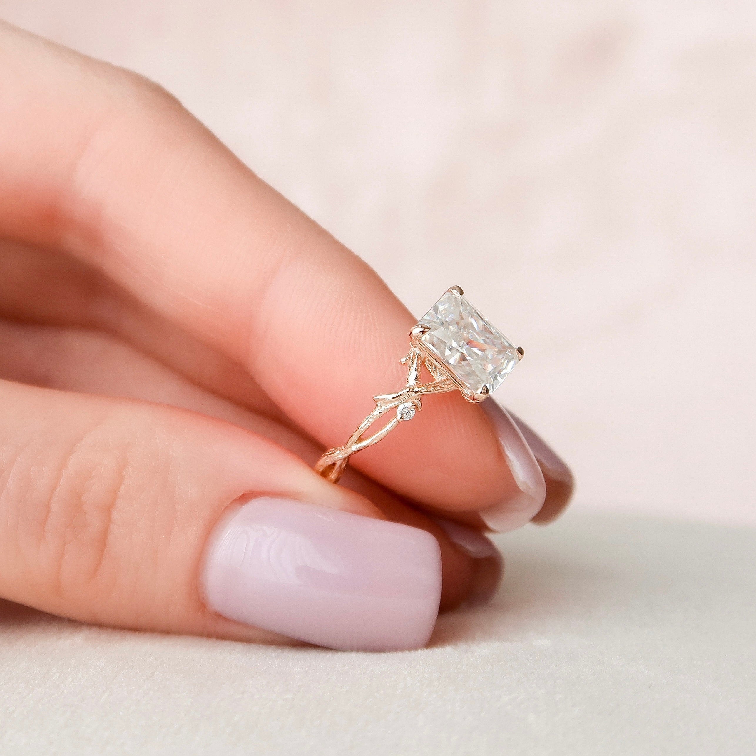 2.0 CT Radiant Cut Moissanite Nature Inspired Engagement  Ring