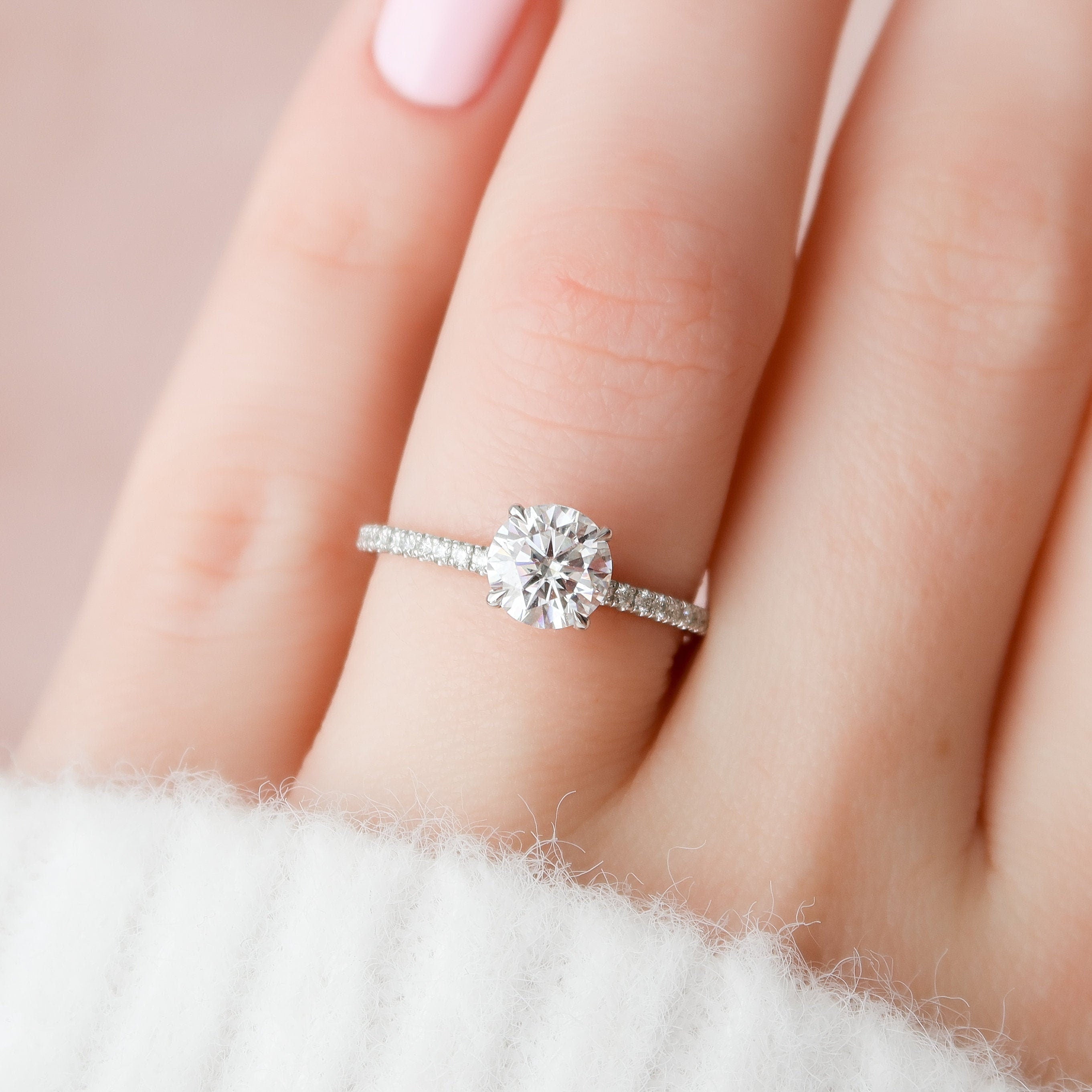 1.0 CT Round Cut Pave Style Moissanite Engagement Ring