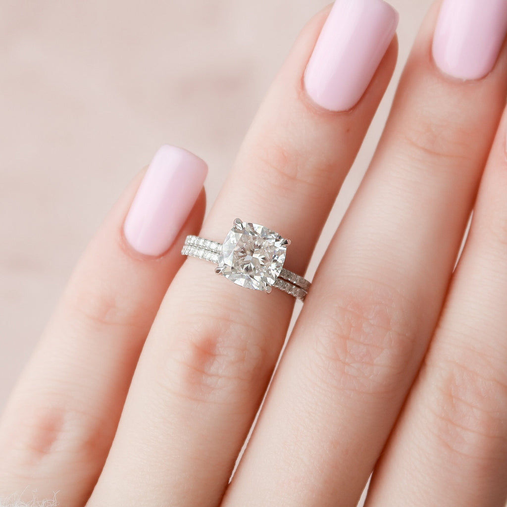 2.50CT Cushion Cut Moissanite Pave Bridal Ring Set