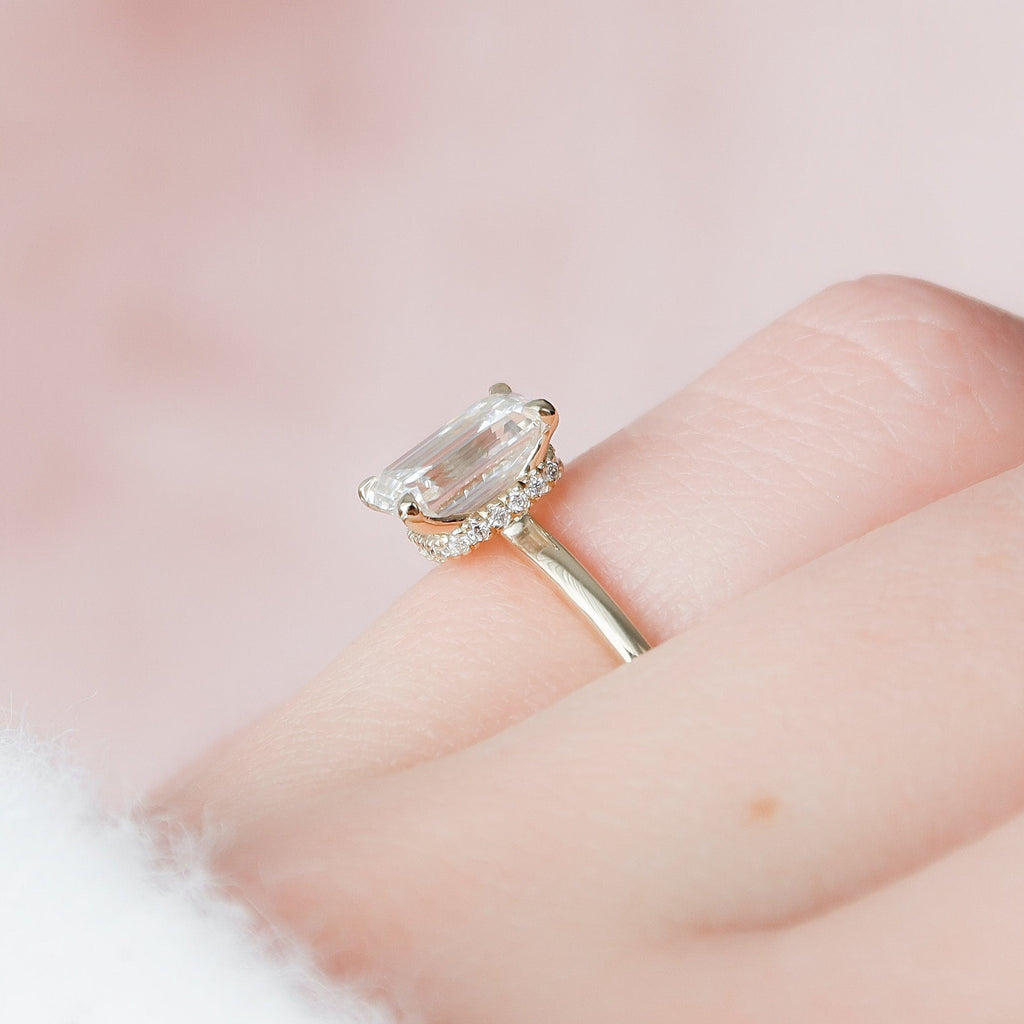 1.50 CT Emerald Cut Hidden Halo Style Moissanite Engagement Ring