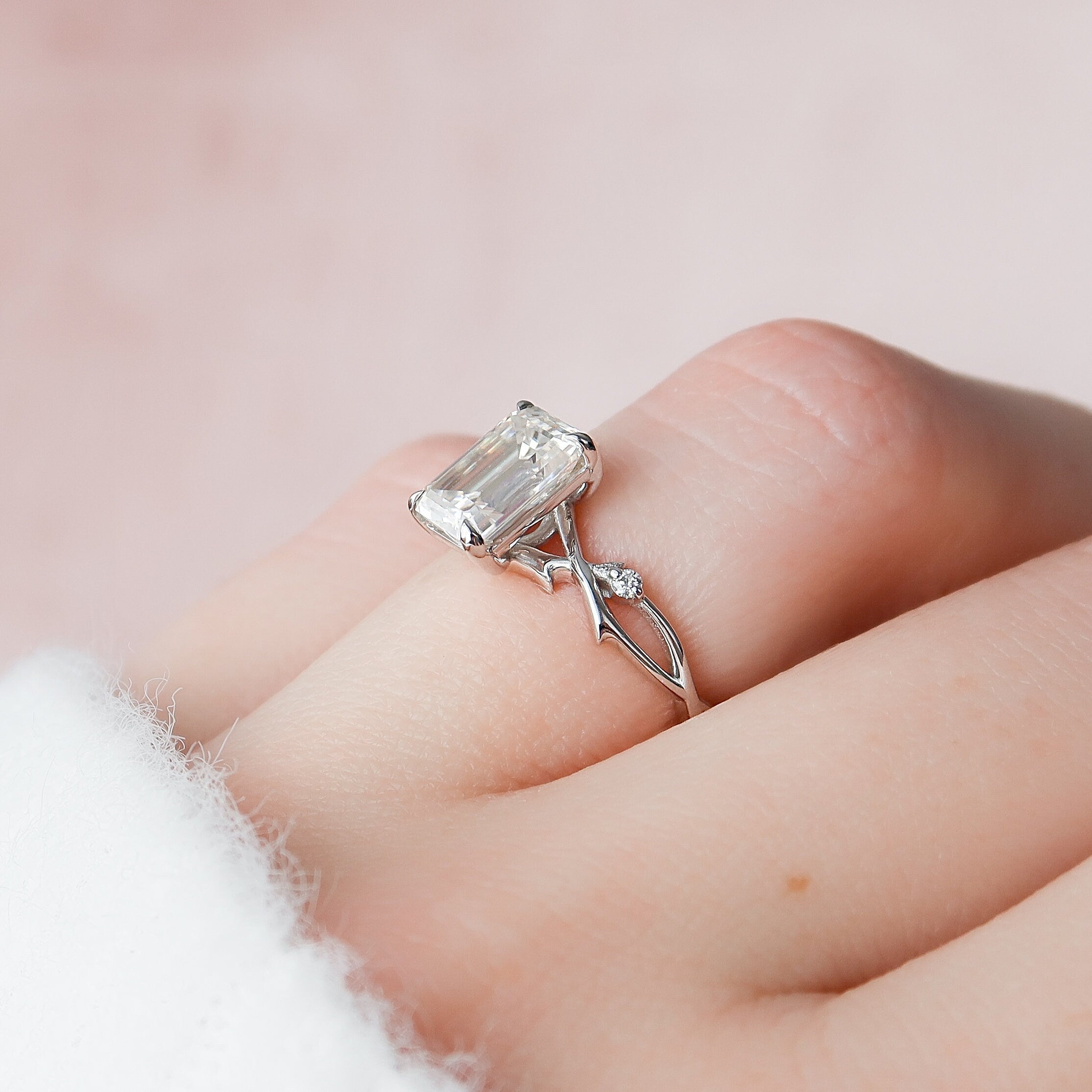 2.0CT Emerald Cut Moissanite Nature Inspired Style Engagement Ring