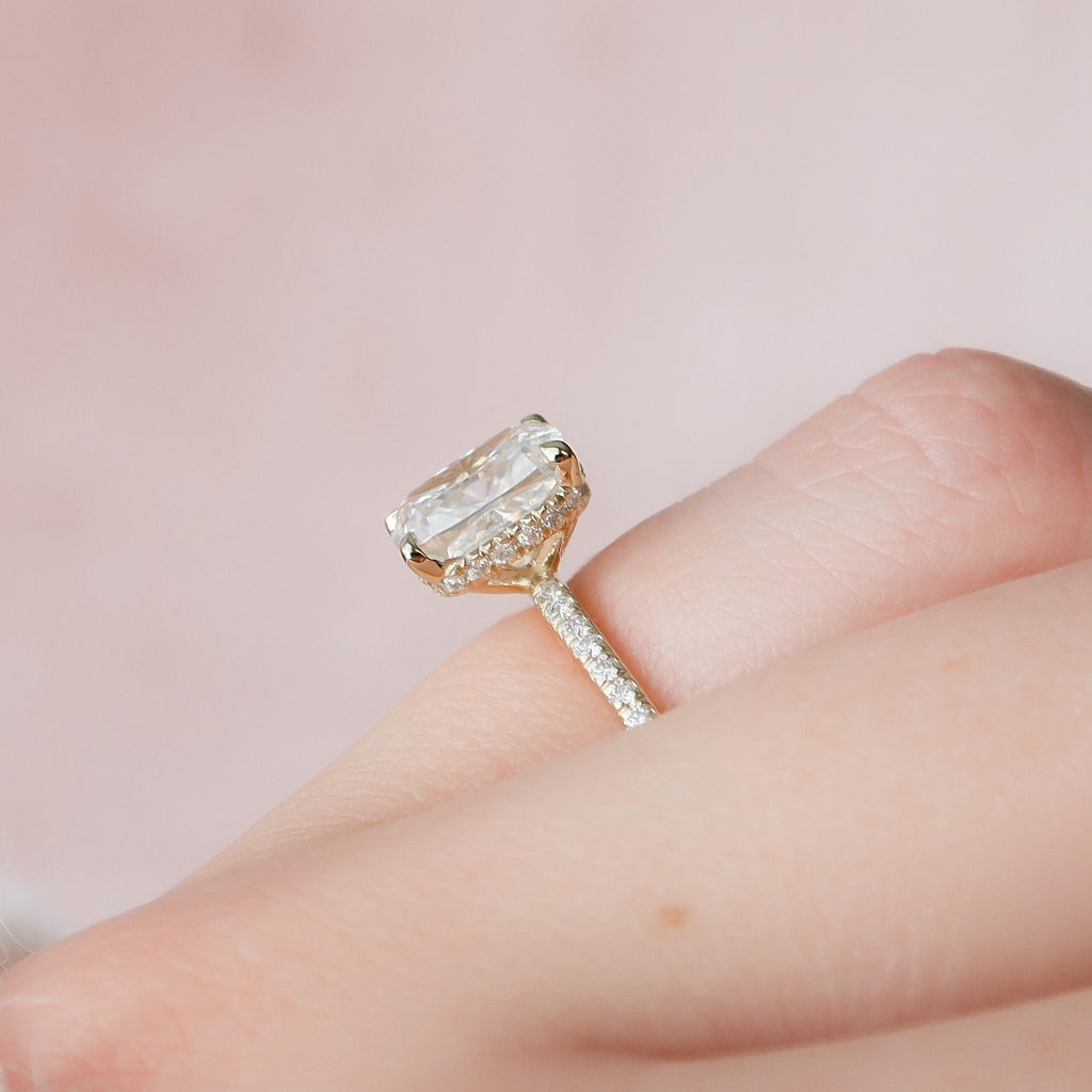 2.0 CT Elongated Cushion Cut Moissanite Hidden Halo & pave Engagement Ring